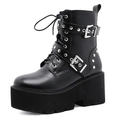 Roimaash Stylish Plateau Kn?chel Stiefel Chunky Heels Goth Stiefeletten Flachform Schnüren Kampfstiefel Metal Chain Schnalle Decorative Cosplay Stiefel Black Size 41 von Roimaash