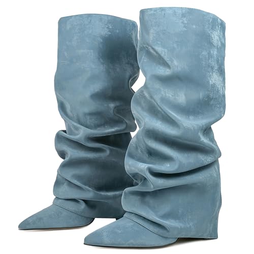 Roimaash Wide Calf Fold Over Stiefel für Frauen - Blockabsatz Pull-On Shark Pointy Slouch Party Heels - Blau Größe 39 Roimaash Wide Calf Fold Over Stiefel für Frauen - Blockabsatz Pull-On Shark Pointy Slouch Party Heels - Blau Größe 39 von Roimaash