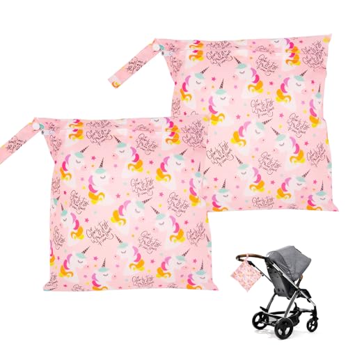 2 Stück 30 * 28cm Wetbag Wetbag Kindergarten Reißverschlussdesign Wet Bag Wäschebeutel Kindergarten Wiederverwendbare Aufbewahrungstasche wasserdichte Wickeltasche mit Einhornmuster (Rosa) von Roinaid