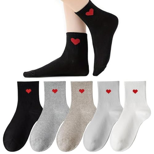5 Paar Herz Socken Damen Eulenschnitt Socken mit Rot Herz, Tennissocken mit Motiv Damen Socken Herzen Damen, Damensocken Weiße Sportsocken Haussocken Weich Niedlich von Roinaid