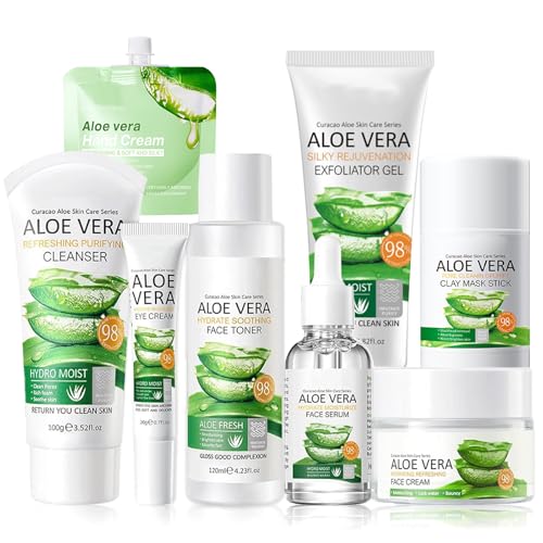 Gesichtspflege Set Damen 8-Teiliges Set Aloe Vera Gesichtspflege Set,Hautpflege Frauen,Skin Care Set.Hydrat,Geeignet zur Sanften Hautreinigung und Pflege für Mädchen und Frauen von Roinaid