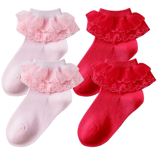 Roinaid 2 Paar Rüschen Socken Elastizität Socken Rüschen Damen Bequem und Atmungsaktiv Söckchen mit Rüschen 20-22 Meter Rüschensöckchen Damen,Geeignet für Damen und Mädchen (Pink,Rot) von Roinaid