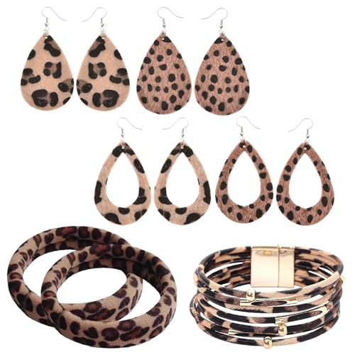 Roinaid 4 Paare Ohrringe Leopardenmuster,Mehrschichtig Leo Armband,Schmuckset Leopardenmuster Halskette,mit 2 Haarbänder Leopardenmuster,Leoparden Schmuck Geeignet für Damen und Mädchen von Roinaid