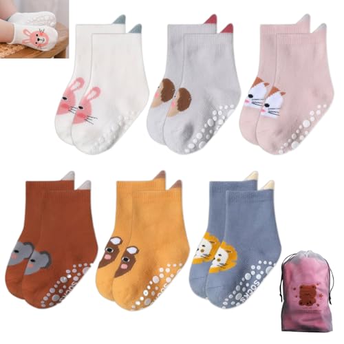 Roinaid 6 Paar Stoppersocken Baby,Baby Socken,Anti Rutsch Socken Kind,mit Doppellagigem Bären-Kordelzugbeutel,Bequem und Atmungsaktiv,Silikon-Anti-Rutsch-Partikel an der Unterseite von Roinaid