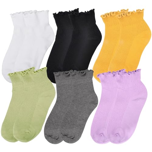 Roinaid Socken Rüschen Damen 6 Paar Söckchen Mit Rüschen Rüschen Socken Rüschensocken Baumwollsocken Lässige Söckchen Weich Bequem Atmungsaktiv Strick Knöchelsocken 6 Farben von Roinaid