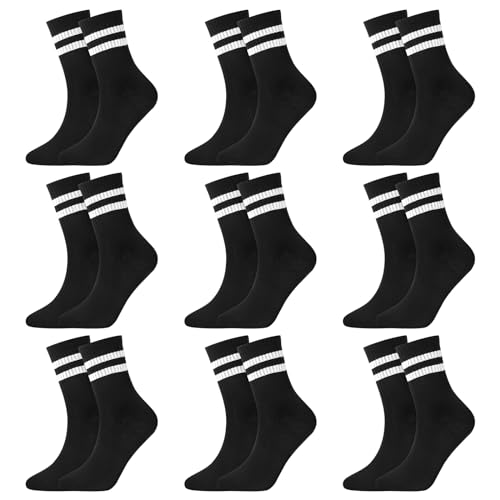 Roinaid Sportsocken Unisex 9 Paar Tennissocken Schwarz Soft Gestreifte Socken, 2 Stripes Retro Socken Tennissocken, Jungen Socken für Herren Damen Freizeit und Sport, Baumwoll Socken Tennissocken von Roinaid