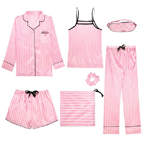 Rojeam Damen Nachtwäsche Set 7 Stücke Satin Schlafanzug Set Frauen Schlafanzug Bequeme Loungewear Satin Sleepwear Hosensets von Rojeam