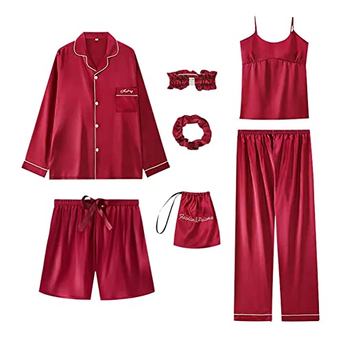 Rojeam Damen Nachtwäsche Set 7 Stücke Satin Schlafanzug Set Frauen Schlafanzug Bequeme Loungewear Satin Sleepwear Hosensets von Rojeam