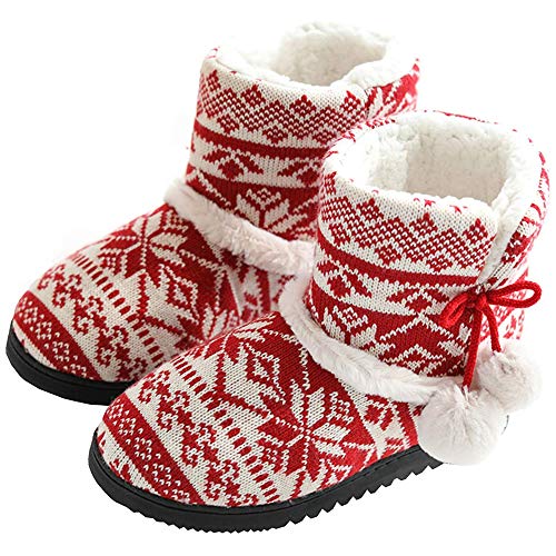 Rokiemen Herren Damen Hausschuhe Hüttenschuh Hohe Plüsch Gefüttert Hüttenstiefel rutschfest Warm Winter Pantoffeln Unisex Rot 39/40 von Rokiemen