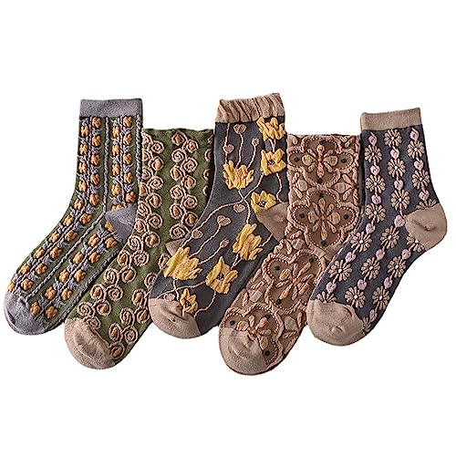 Rokmym Damen Floral Vintage Crew Socken Ethno Jacquard Knit Set knöchelhohe Baumwollsocken für Frauen 5er Pack, Braun, 5-9 von Rokmym