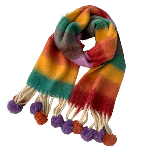 Rokmym XXL Damenschal, Streifenschal, Modequasten, weich, Damenschal, Wickelschal, Herbst, Winter, warm, Mehrfarbig Einheitsgröße von Rokmym