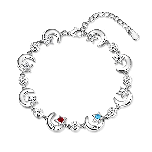 RolaOnly Armband mit 2 Namen Damen 925 Sterling Silber Geburtsstein Armbänder mit 5A Kubik Zirkonia Sterne Mond Anhänger Personalisiert Schmuck Geschenk für Mutter und Tochter von RolaOnly