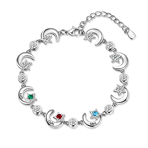 RolaOnly Armband mit 3 Namen Damen 925 Sterling Silber Geburtsstein Armbänder mit 5A Kubik Zirkonia Sterne Mond Anhänger Personalisiert Schmuck Geschenk für Mutter und Tochter von RolaOnly