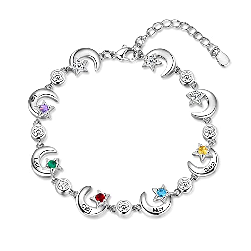 RolaOnly Armband mit 5 Namen Damen 925 Sterling Silber Geburtsstein Armbänder mit 5A Kubik Zirkonia Sterne Mond Anhänger Personalisiert Schmuck Geschenk für Mutter und Tochter von RolaOnly
