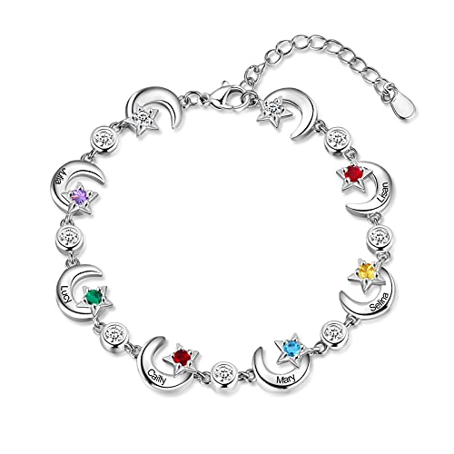 RolaOnly Armband mit 6 Namen Damen 925 Sterling Silber Geburtsstein Armbänder mit 5A Kubik Zirkonia Sterne Mond Anhänger Personalisiert Schmuck Geschenk für Mutter und Tochter von RolaOnly