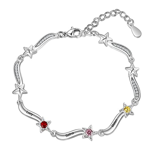 RolaOnly Damen Armband mit 3 Namen Gravur Geburtsstein 925 Sterling Silber Sterne Kristall Personalisiert Schmuck für Kinder Mädchen Frauen Mutter und Tochter mit Geschenkbox von RolaOnly