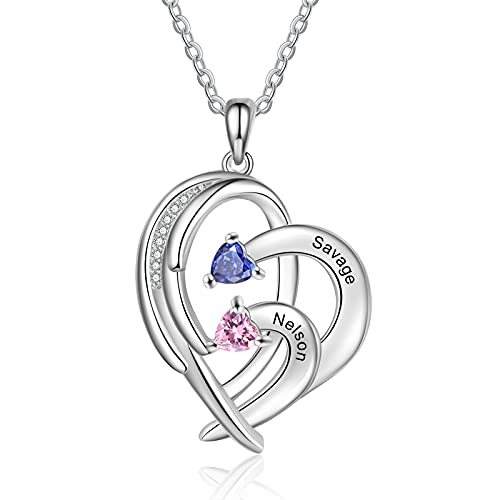 RolaOnly Damen Kette mit 2 Namen Personalisierte Herz Halskette 925 Sterlingsilber Mütter geburtsstein Medaillon Für Mutter und Tochter, Schwester, Beste Freundin von RolaOnly