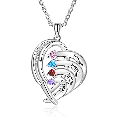 RolaOnly Damen Kette mit 4 Namen Personalisierte Herz Halskette 925 Sterlingsilber Mütter geburtsstein Medaillon Für Mutter und Tochter, Schwester, Beste Freundin von RolaOnly
