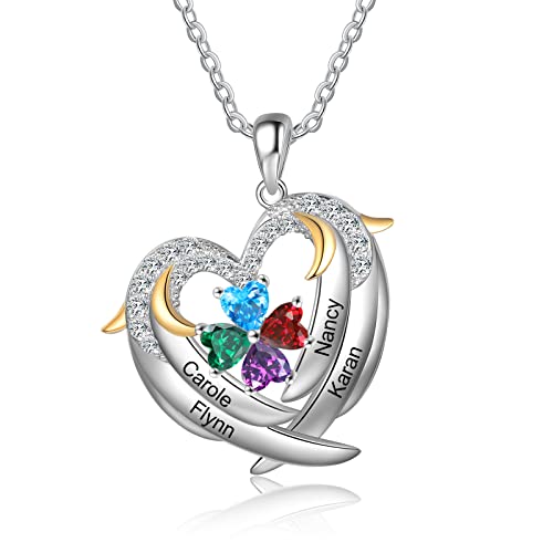 RolaOnly Damen Namenskette mit Geburtsstein Herz Halskette mit 4 Namen Gravur Sterling Silber 925 Personalisiert Schmuck Kette Für Mutter und Tochter von RolaOnly