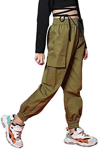 Kinder Cargo Hose Elastische Taille Jogger Hose für Jungen Mädchen Street Hip Hop(Armee-grün,134-140) von Rolanko