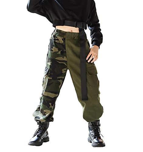 Mädchen Hip Hop Hose Kinder Cargo Hose Elastische Jogger für Streetwear Tanz(Camo Grün,146-152) von Rolanko