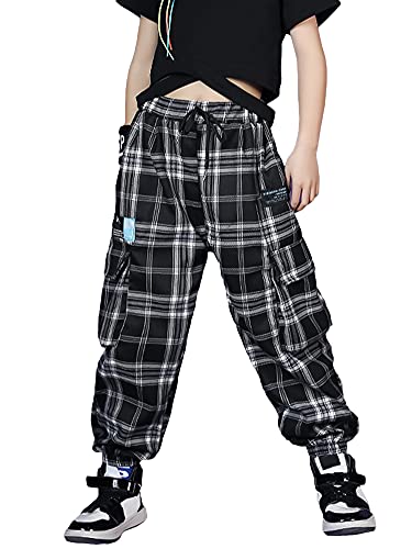 Kinder Cargo Hose Elastische Taille Jogger Hose für Jungen Mädchen Street Hip Hop(Gitter,Etikettengröße:130) von Rolanko