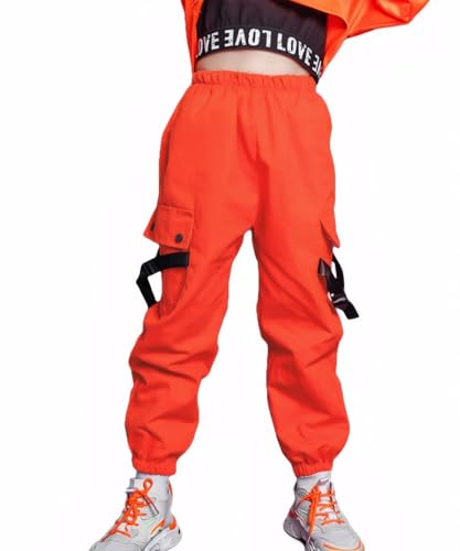 Kinder Cargo Hose Elastische Taille Jogger Hose für Jungen Mädchen Street Hip Hop(Orange,146-152) von Rolanko