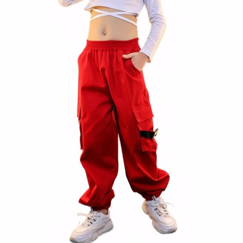 Kinder Cargo Hose Elastische Taille Jogger Hose für Jungen Mädchen Street Hip Hop(Rot,152-164) von Rolanko