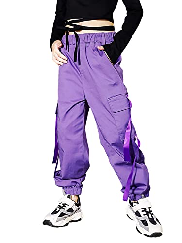 Kinder Cargo Hose Elastische Taille Jogger Hose für Jungen Mädchen Street Hip Hop(Violett,170) von Rolanko