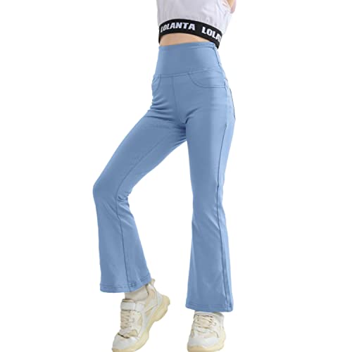 Rolanko Ausgestellte Yoga Leggings für Mädchen, Hohe Taille Bootcut Stretch Workout Running Active Hosen mit Taschen, Blau, Größe: 150 von Rolanko