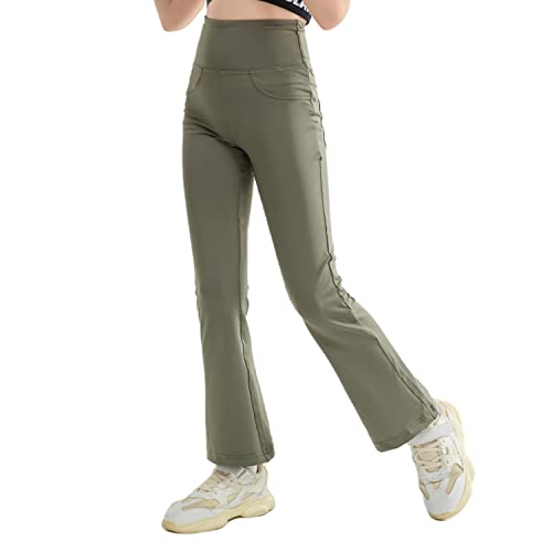 Rolanko Ausgestellte Yoga Leggings für Mädchen, Hohe Taille Bootcut Stretch Workout Running Active Hosen mit Taschen, Grün, Größe: 170 von Rolanko