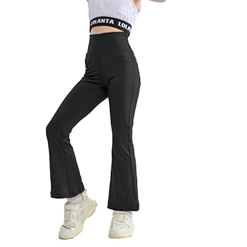 Rolanko Ausgestellte Yoga Leggings für Mädchen, Hohe Taille Bootcut Stretch Workout Running Active Hosen mit Taschen, Schwarz, Größe: 160 von Rolanko