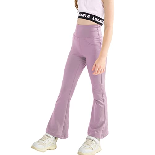 Rolanko Ausgestellte Yoga Leggings für Mädchen, Hohe Taille Bootcut Stretch Workout Running Active Hosen mit Taschen, Violett, Größe: 130 von Rolanko