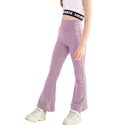 Rolanko Ausgestellte Yoga Leggings für Mädchen, Hohe Taille Bootcut Stretch Workout Running Active Hosen mit Taschen, Violett, Größe: 150 von Rolanko