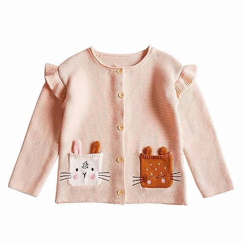 Rolanko Baby Mädchen Baumwolle Strickjacke Cardigan mit Knopfleiste(Rosa Katze, Größe:90) von Rolanko