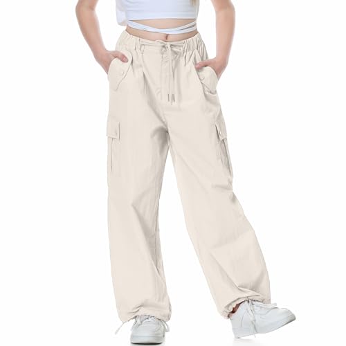 Rolanko Baggy Cargo Fallschirmhose für Mädchen, Y2K Vintage Jogger mit Verstellbarer Elastischer Taille für Kinder Fit, Beige, Größe: 130 von Rolanko