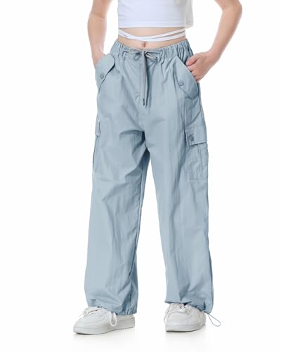 Rolanko Baggy Cargo Fallschirmhose für Mädchen, Y2K Vintage Jogger mit Verstellbarer Elastischer Taille für Kinder Fit, Blau, Größe: 150 von Rolanko