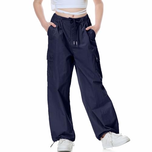 Rolanko Baggy Cargo Fallschirmhose für Mädchen, Y2K Vintage Jogger mit Verstellbarer Elastischer Taille für Kinder Fit, Dunkelblau, Größe: 130 von Rolanko