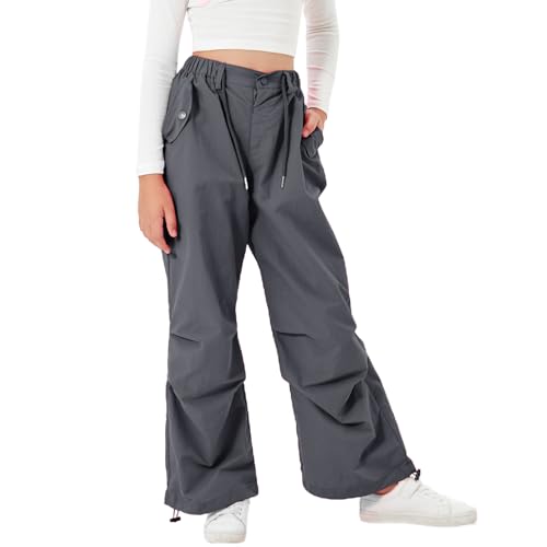 Rolanko Baggy Cargo Fallschirmhose für Mädchen, Y2K Vintage Jogger mit Verstellbarer Elastischer Taille für Kinder Fit, Grau, Größe: 130 von Rolanko