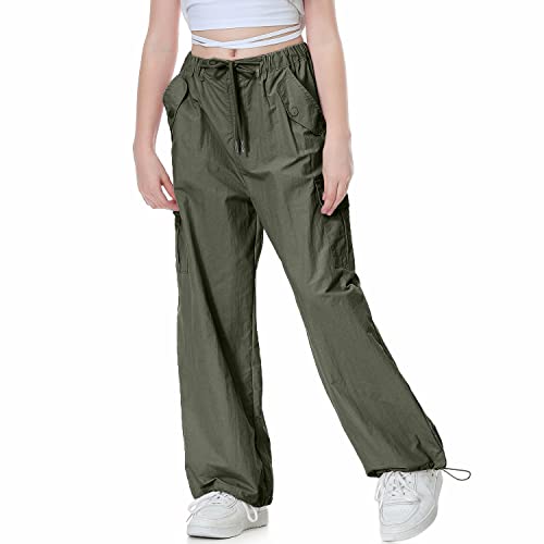 Rolanko Baggy Cargo Fallschirmhose für Mädchen, Y2K Vintage Jogger mit Verstellbarer Elastischer Taille für Kinder Fit, Grün, Größe: 140 von Rolanko