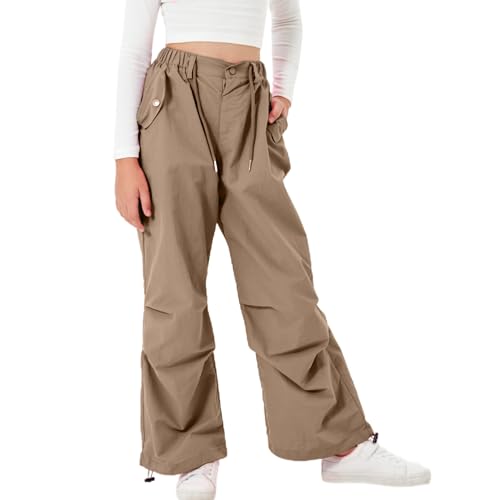 Rolanko Baggy Cargo Fallschirmhose für Mädchen, Y2K Vintage Jogger mit Verstellbarer Elastischer Taille für Kinder Fit, Kaffee, Größe: 140 von Rolanko