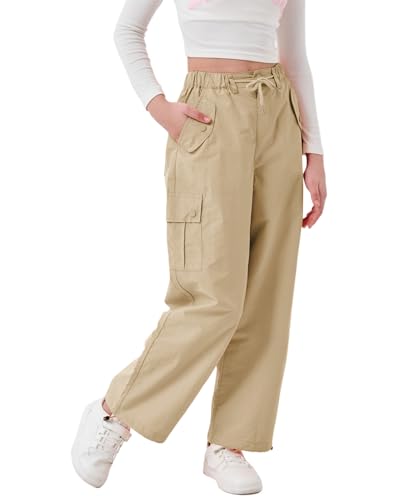 Rolanko Baggy Cargo Fallschirmhose für Mädchen, Y2K Vintage Jogger mit Verstellbarer Elastischer Taille für Kinder Fit, Khaki, Größe: 130 von Rolanko