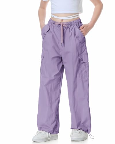 Rolanko Baggy Cargo Fallschirmhose für Mädchen, Y2K Vintage Jogger mit Verstellbarer Elastischer Taille für Kinder Fit, Lila, Größe: 130 von Rolanko