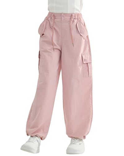 Rolanko Baggy Cargo Fallschirmhose für Mädchen, Y2K Vintage Jogger mit Verstellbarer Elastischer Taille für Kinder Fit, Rosa, Größe: 150 von Rolanko