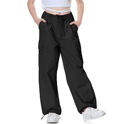 Rolanko Baggy Cargo Fallschirmhose für Mädchen, Y2K Vintage Jogger mit Verstellbarer Elastischer Taille für Kinder Fit, Schwarz, Größe: 140 von Rolanko