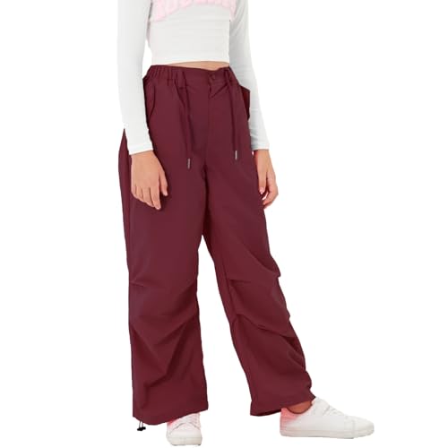 Rolanko Baggy Cargo Fallschirmhose für Mädchen, Y2K Vintage Jogger mit Verstellbarer Elastischer Taille für Kinder Fit, Wine, Größe: 150 von Rolanko