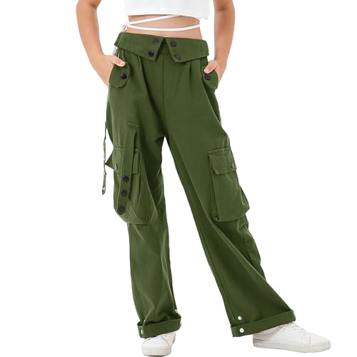 Rolanko Baggy Cargo Hose für Mädchen, Elastische Taille mit Mehreren Taschen Weites Bein Cargohose für Kinder, Grün, Größe: 170/13-15 Jahre von Rolanko