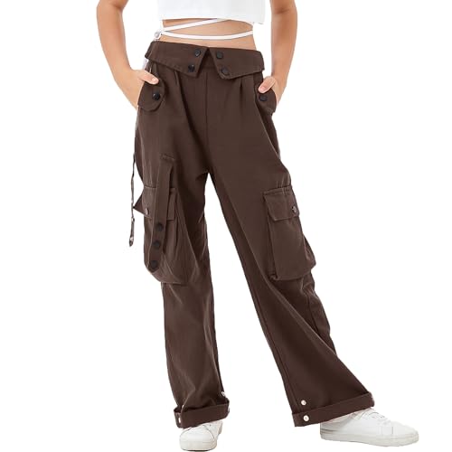 Rolanko Baggy Cargo Hose für Mädchen, Elastische Taille mit Mehreren Taschen Weites Bein Cargohose für Kinder, Kaffee, Größe: 170/13-15 Jahre von Rolanko