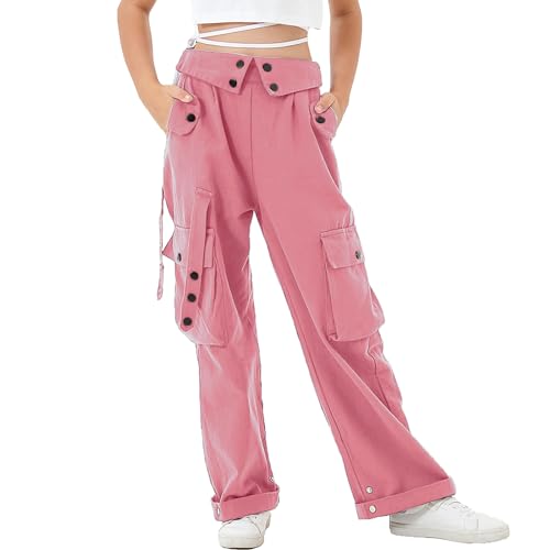 Rolanko Baggy Cargo Hose für Mädchen, Elastische Taille mit Mehreren Taschen Weites Bein Cargohose für Kinder, Rosa, Größe: 140/8-9 Jahre von Rolanko