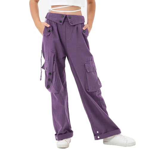 Rolanko Baggy Cargo Hose für Mädchen, Elastische Taille mit Mehreren Taschen Weites Bein Cargohose für Kinder, Violett, Größe: 130/6-7 Jahre von Rolanko